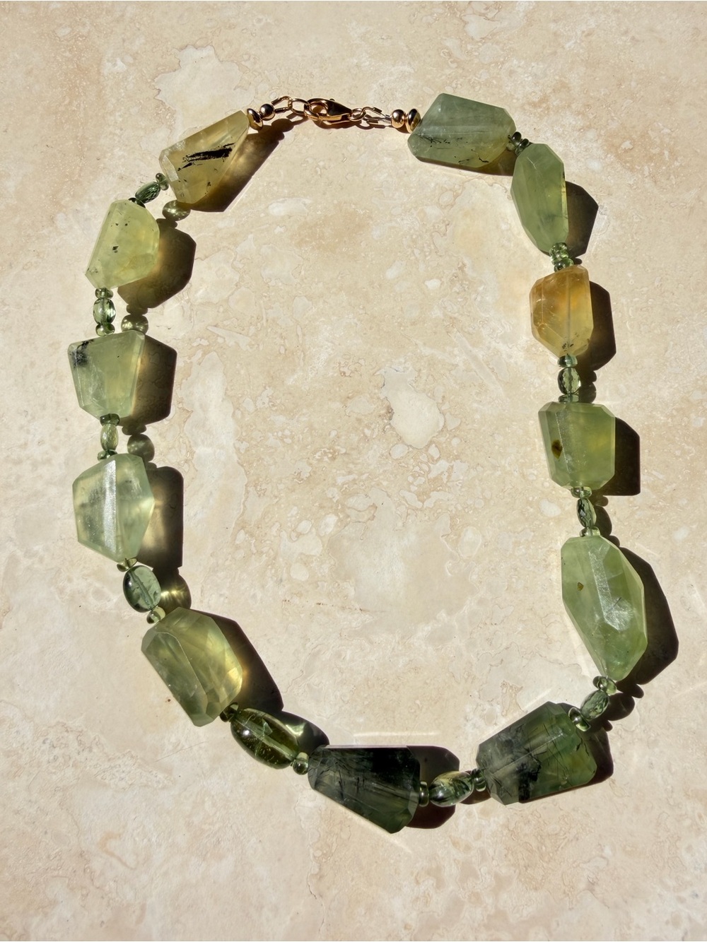 Prehnite & Green Apatite Natural Stone Beaded Collar Chunky Necklace with Rutile